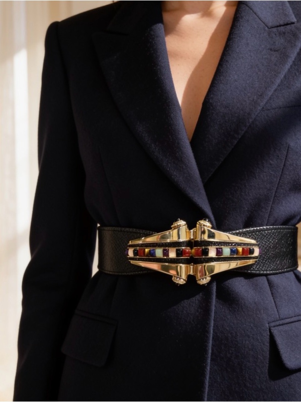 Judith Leiber Gold-Tone Multicolor Stone Hinged Genuine Black Snake skin Belt